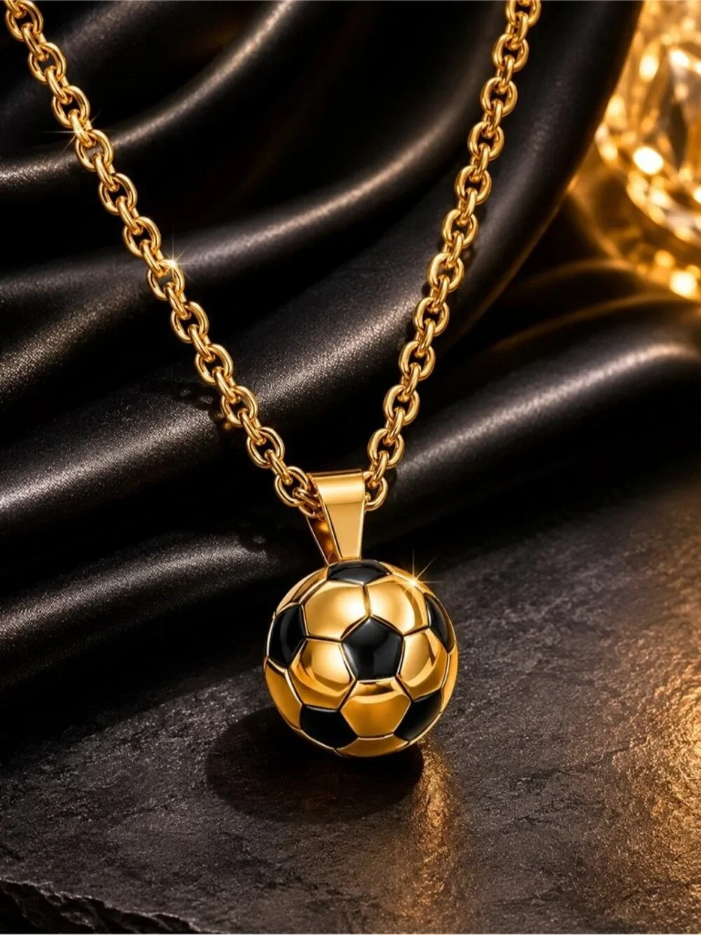 Gold and Black Soccer Ball Pendant Necklace with Matching Hoops